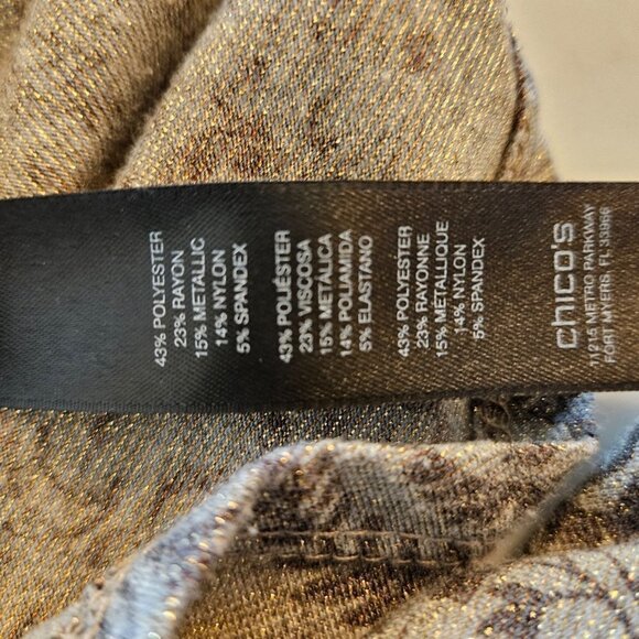 Chico's Travelers Asymmetrical Hem Gold Metallic Scroll Print Tunic Medium Sz 1 - Picture 5 of 8